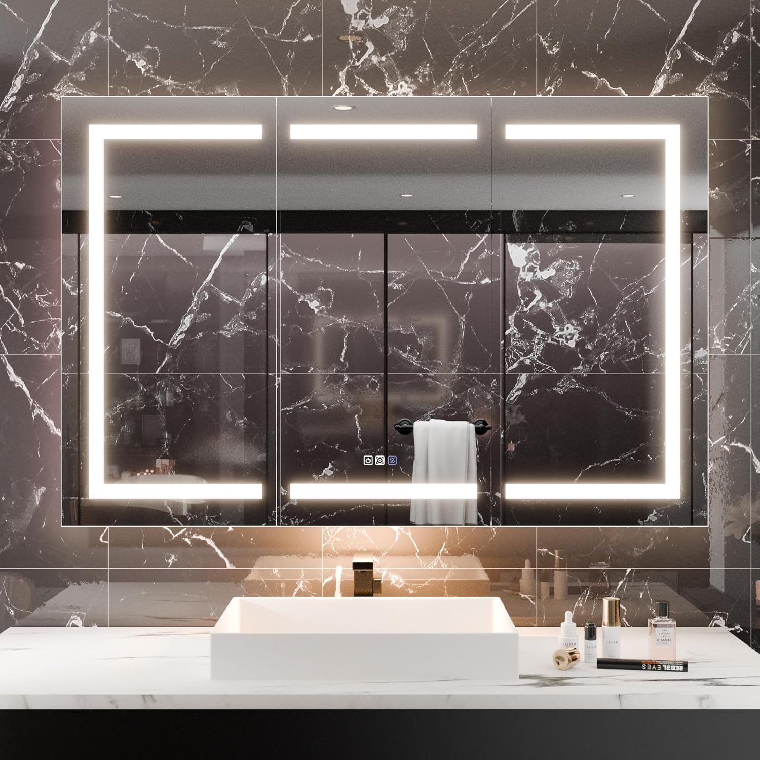 LED Medicine Cabinet with Triple Door, Anti-Fog Mirror, Dimmable Lighting & Built-In Outlets 54" x 36"