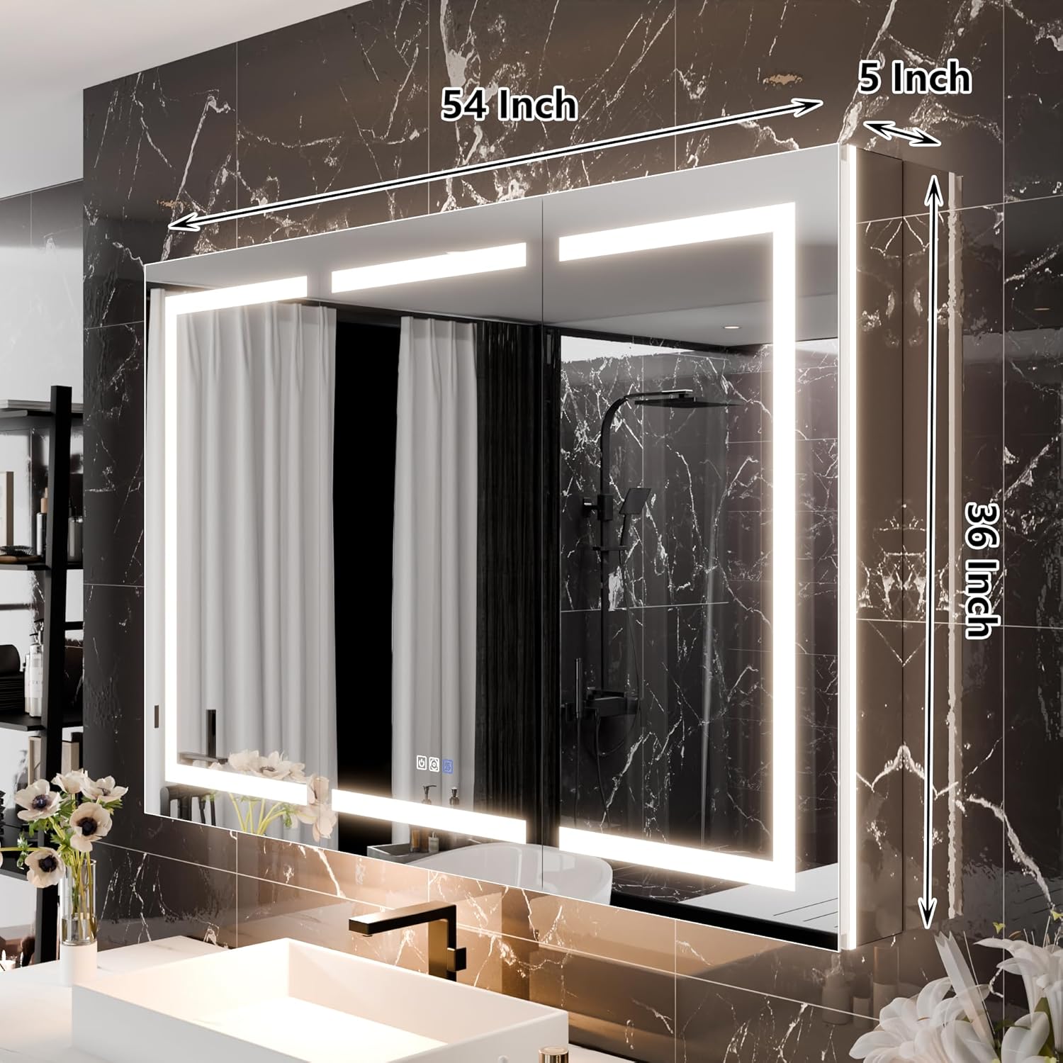LED Medicine Cabinet with Triple Door, Anti-Fog Mirror, Dimmable Lighting & Built-In Outlets 54" x 36"