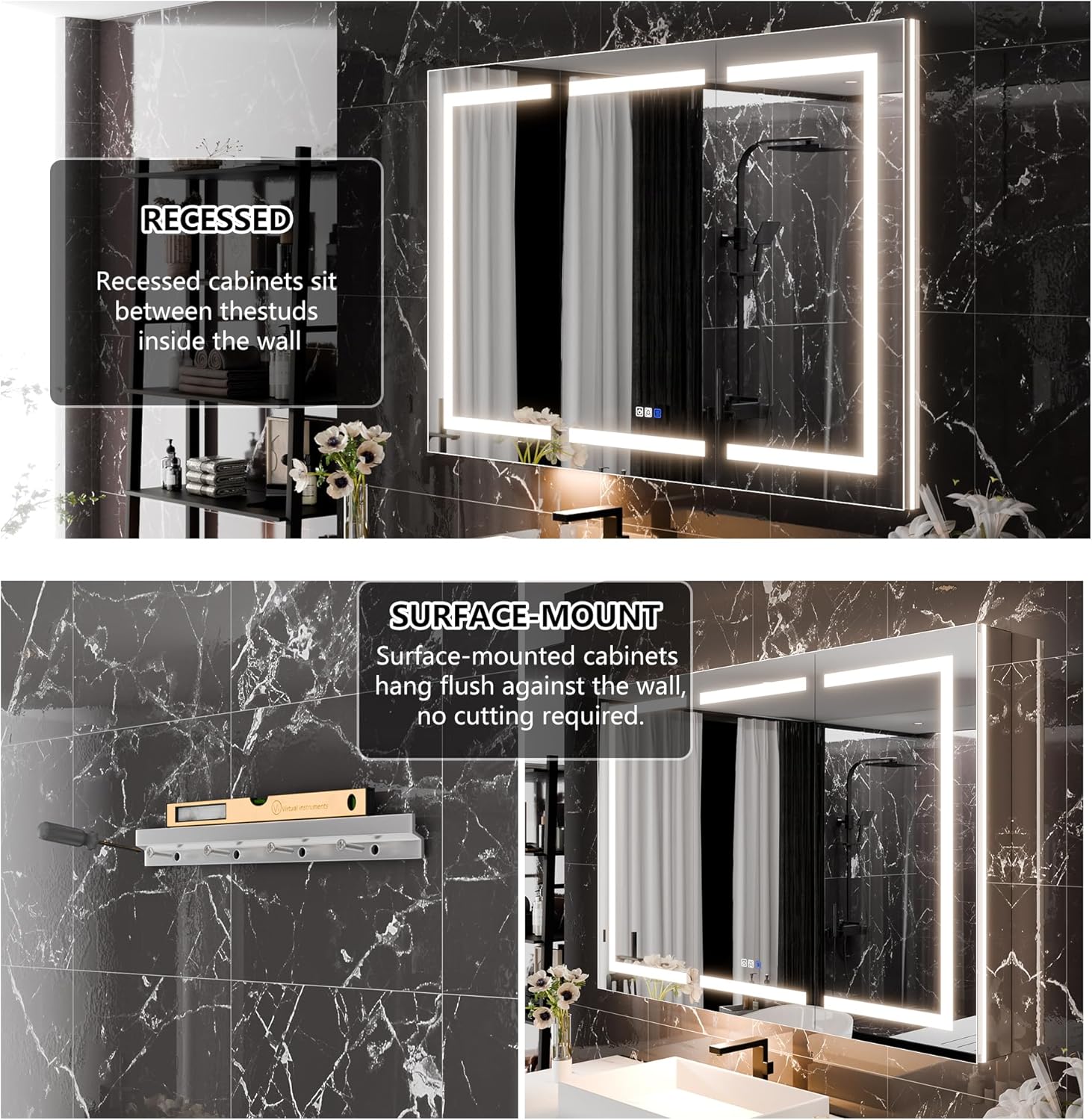 LED Medicine Cabinet with Triple Door, Anti-Fog Mirror, Dimmable Lighting & Built-In Outlets 54" x 36"