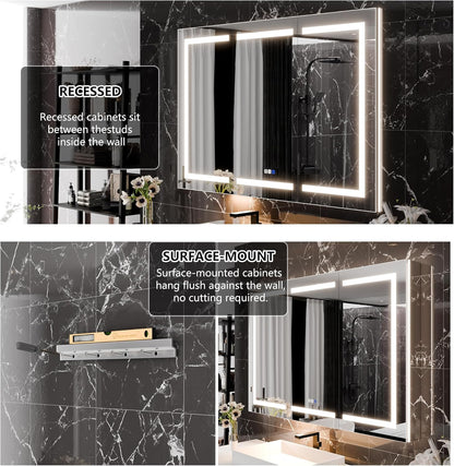 LED Medicine Cabinet with Triple Door, Anti-Fog Mirror, Dimmable Lighting & Built-In Outlets 54" x 36"