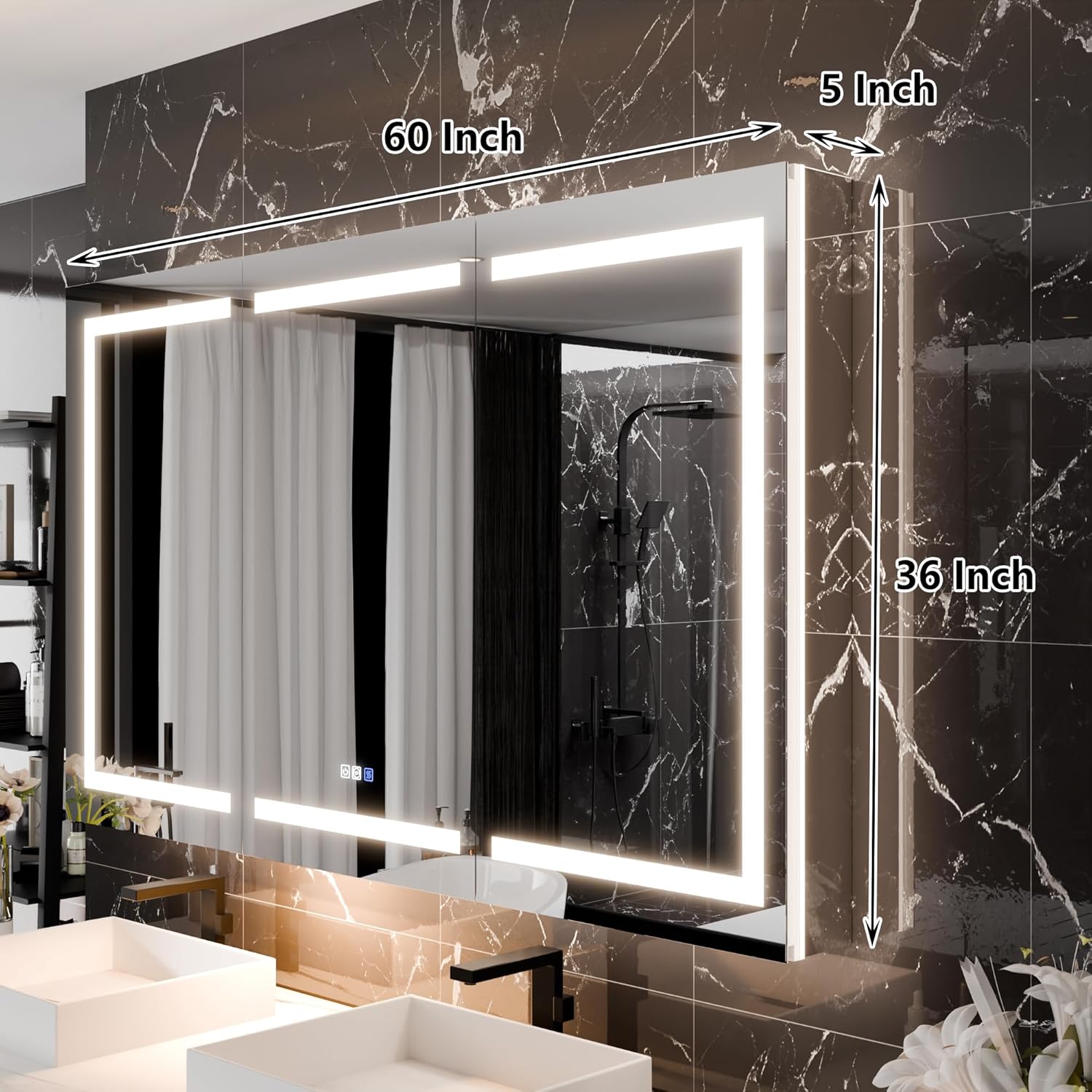 LED Medicine Cabinet with Triple Door, Anti-Fog Mirror, Dimmable Lighting & Built-In Outlets 60" x 36"