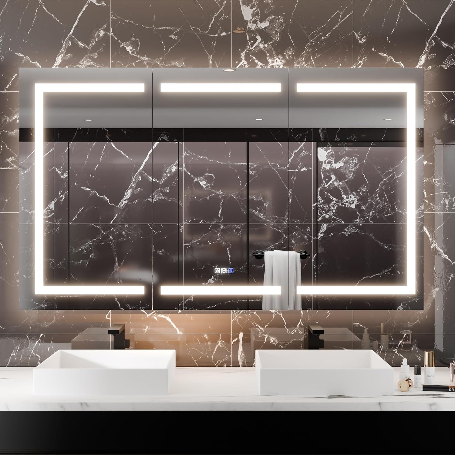 LED Medicine Cabinet with Triple Door, Anti-Fog Mirror, Dimmable Lighting & Built-In Outlets 66" x 36"