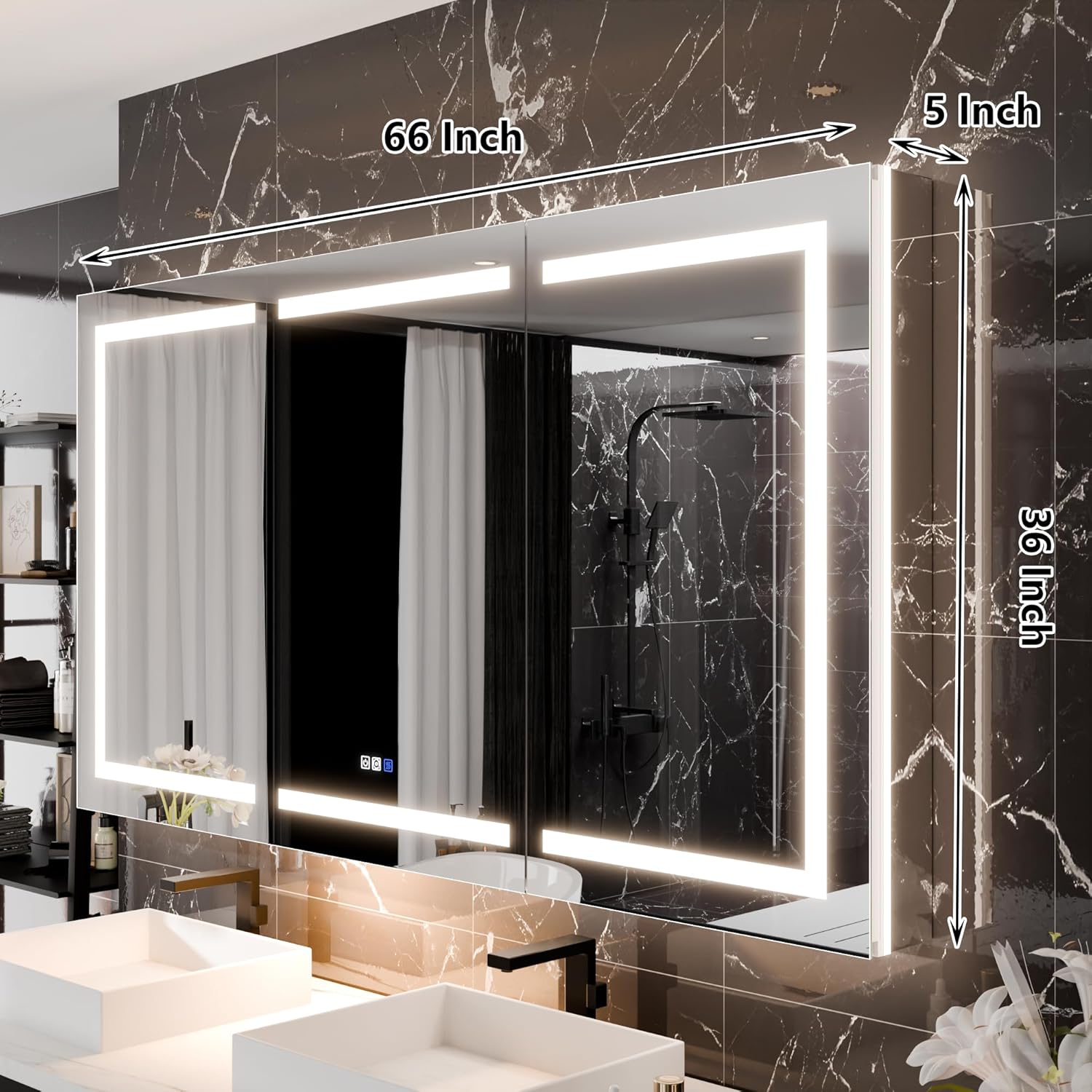 LED Medicine Cabinet with Triple Door, Anti-Fog Mirror, Dimmable Lighting & Built-In Outlets 66" x 36"