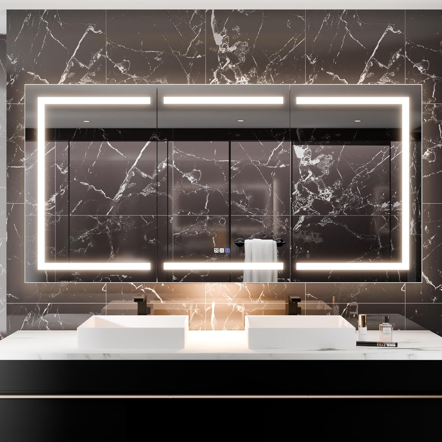 LED Medicine Cabinet with Triple Door, Anti-Fog Mirror, Dimmable Lighting & Built-In Outlets 76" x 36"