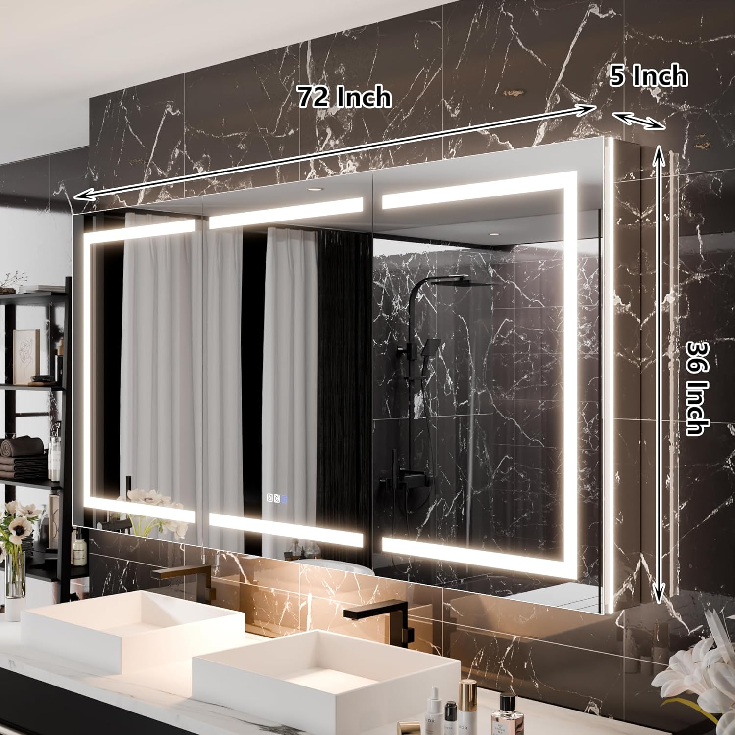 LED Medicine Cabinet with Triple Door, Anti-Fog Mirror, Dimmable Lighting & Built-In Outlets 76" x 36"