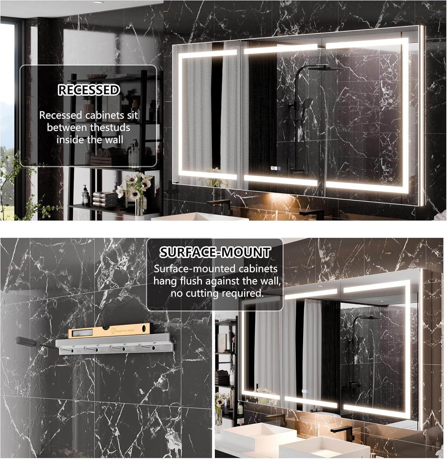 LED Medicine Cabinet with Triple Door, Anti-Fog Mirror, Dimmable Lighting & Built-In Outlets 76" x 36"