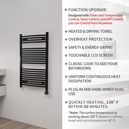 Towel Warmer Radiator 21 Curved Bars with Programmable Smart Control, 24"x40" Matte Black