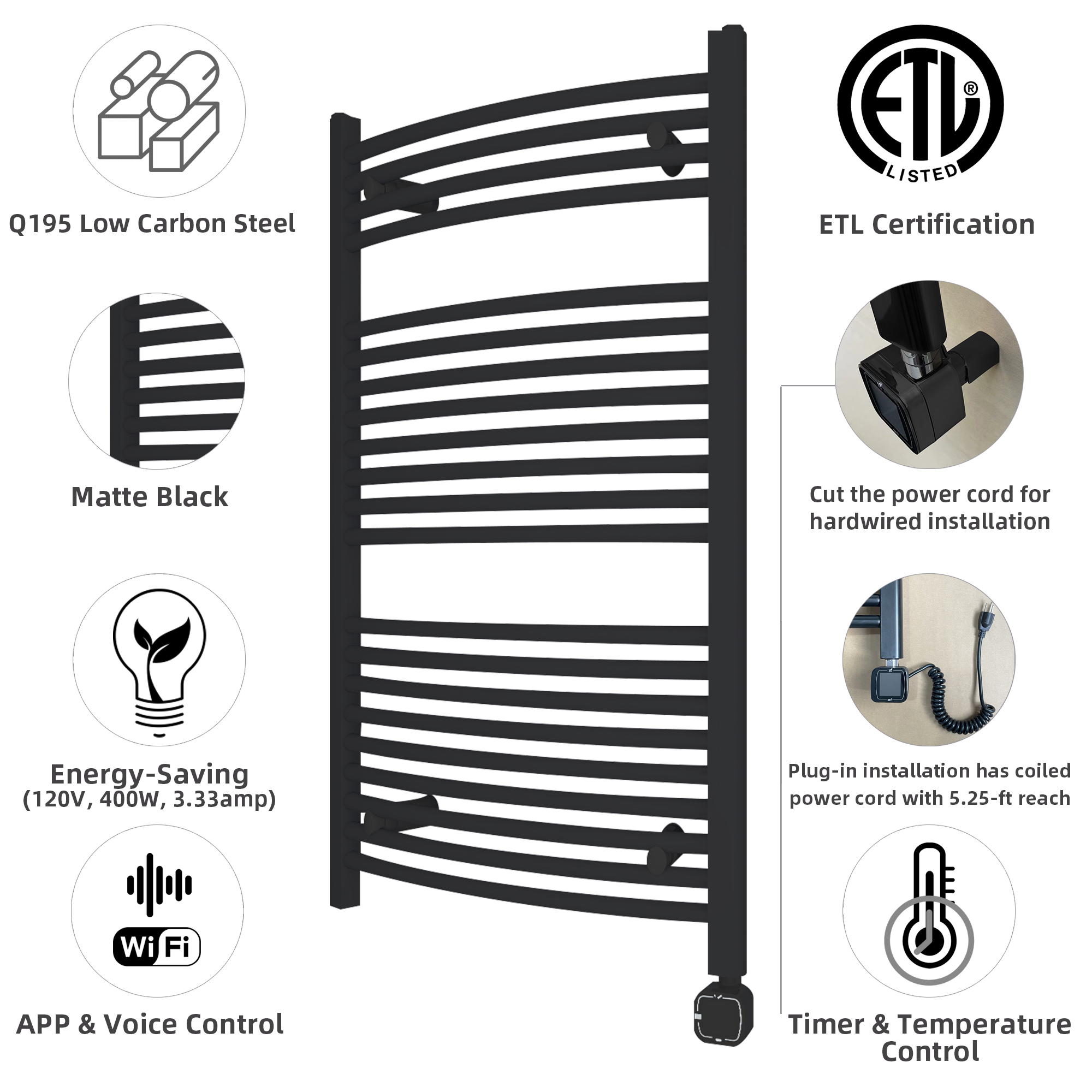 Towel Warmer Radiator 21 Curved Bars with Programmable Smart Control, 24"x40" Matte Black