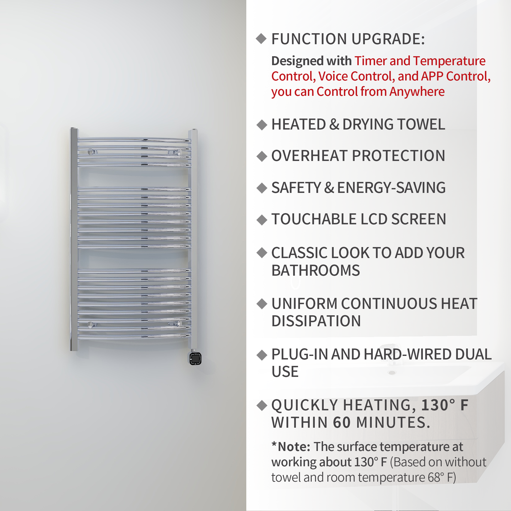 Towel Warmer Radiator 21 Curved Bars with Programmable Smart Control, 24"x40" Chrome