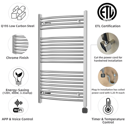 Towel Warmer Radiator 21 Curved Bars with Programmable Smart Control, 24"x40" Chrome