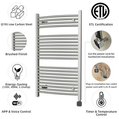 Towel Warmer Radiator 21 Curved Bars with Programmable Smart Control, 24"x40" Brushed Polish