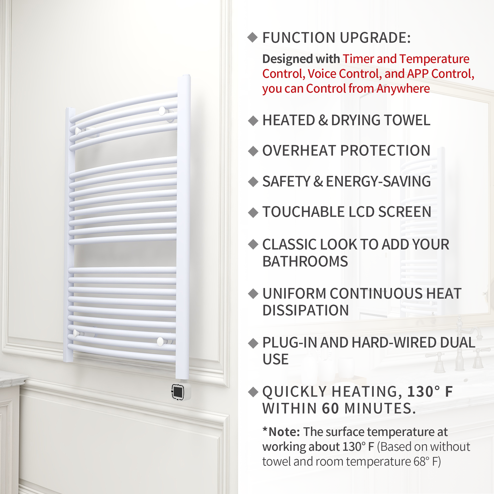 Towel Warmer Radiator 21 Curved Bars with Programmable Smart Control, 24"x40" Gloss White