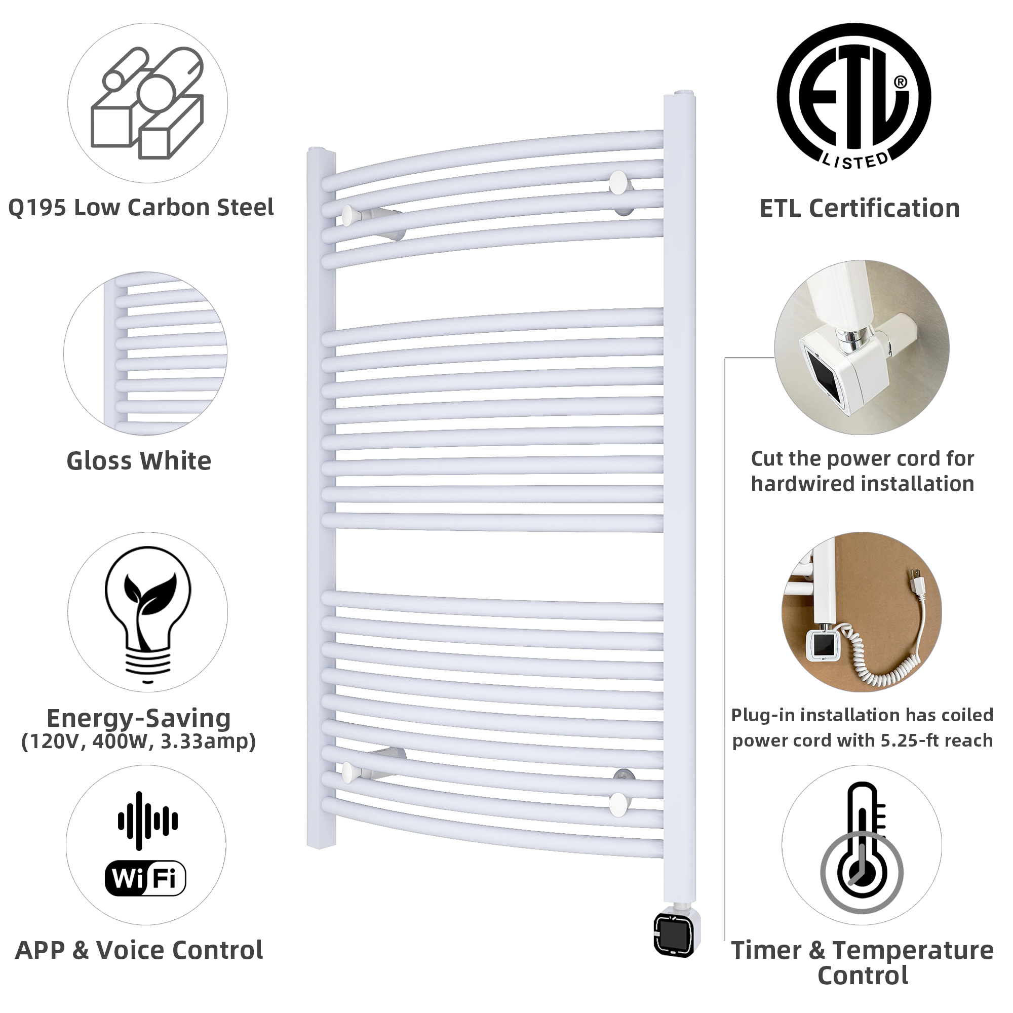 Towel Warmer Radiator 21 Curved Bars with Programmable Smart Control, 24"x40" Gloss White