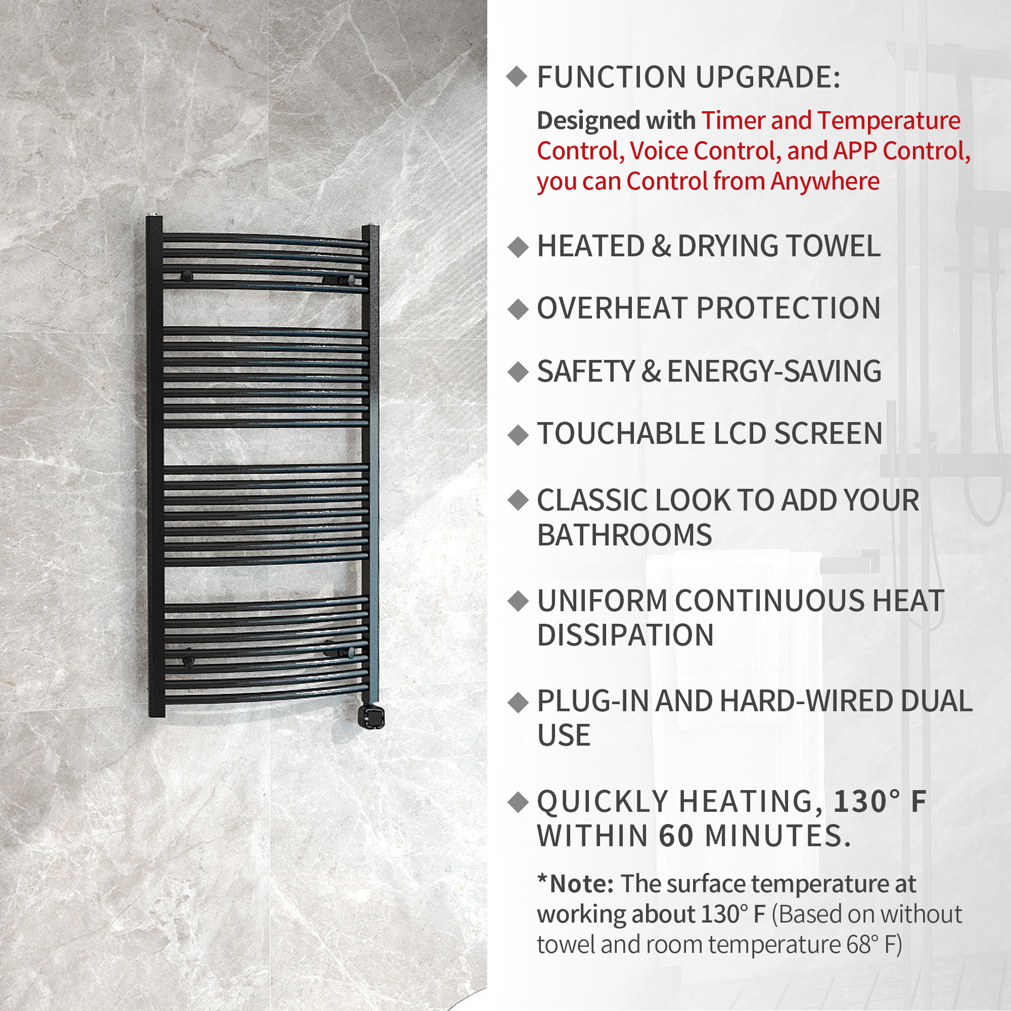 Towel Warmer Radiator 25 Curved Bars with Programmable Smart Control, 24"x48" Matte Black