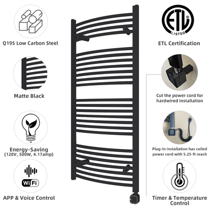 Towel Warmer Radiator 25 Curved Bars with Programmable Smart Control, 24"x48" Matte Black