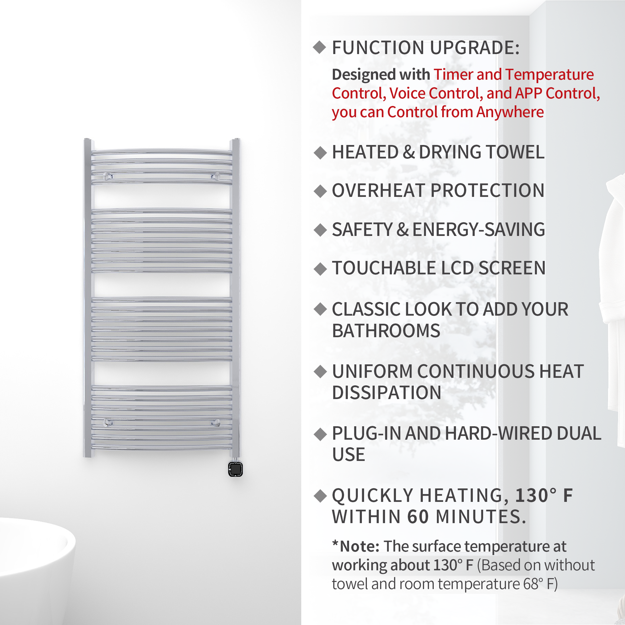 Towel Warmer Radiator 25 Curved Bars with Programmable Smart Control, 24"x48" Chrome