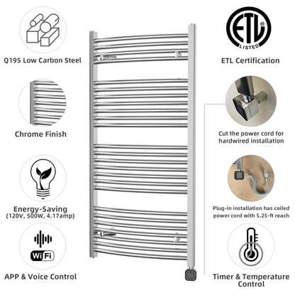 Towel Warmer Radiator 25 Curved Bars with Programmable Smart Control, 24"x48" Chrome