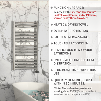 Towel Warmer Radiator 25 Curved Bars with Programmable Smart Control, 24"x48" Brushed Polish