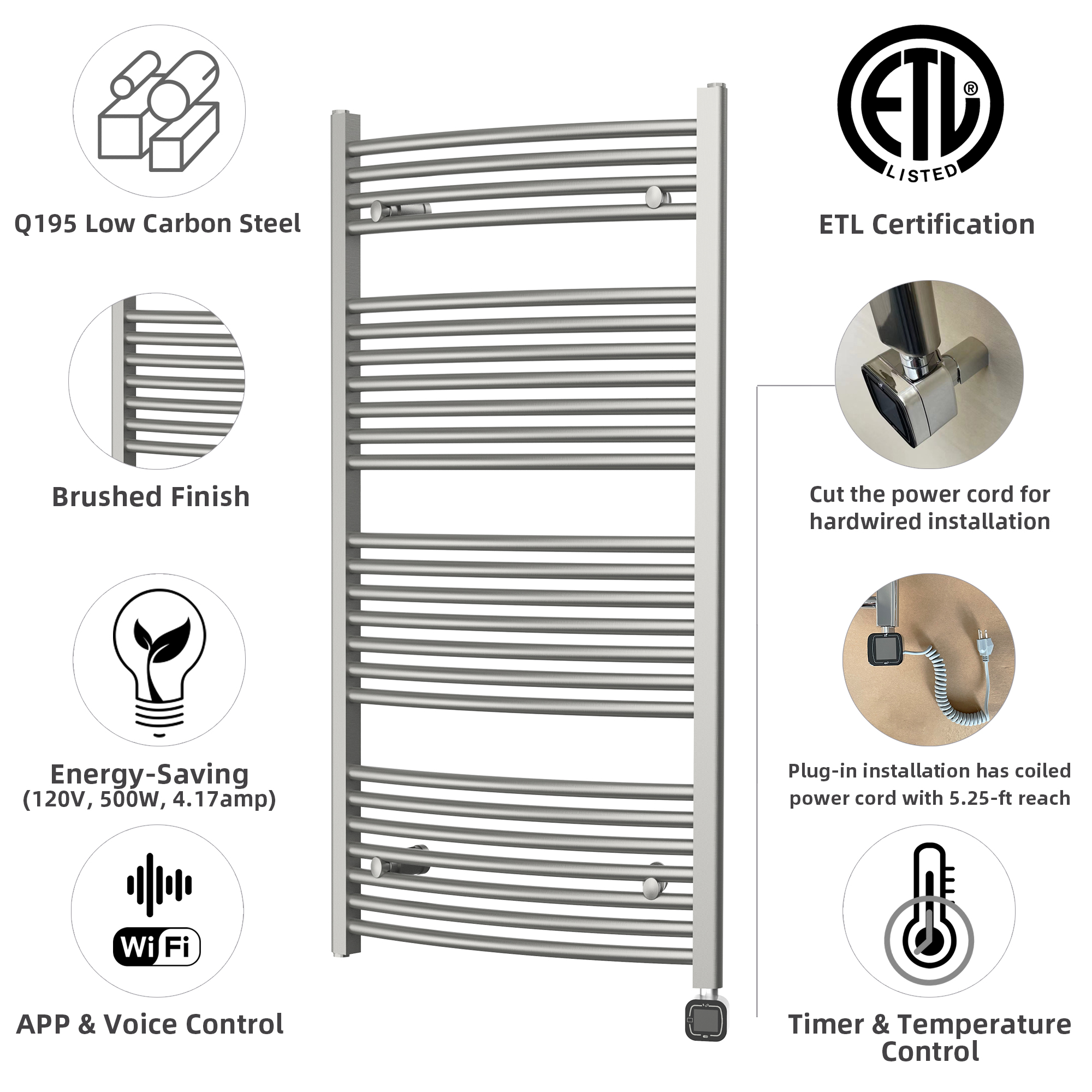 Towel Warmer Radiator 25 Curved Bars with Programmable Smart Control, 24"x48" Brushed Polish