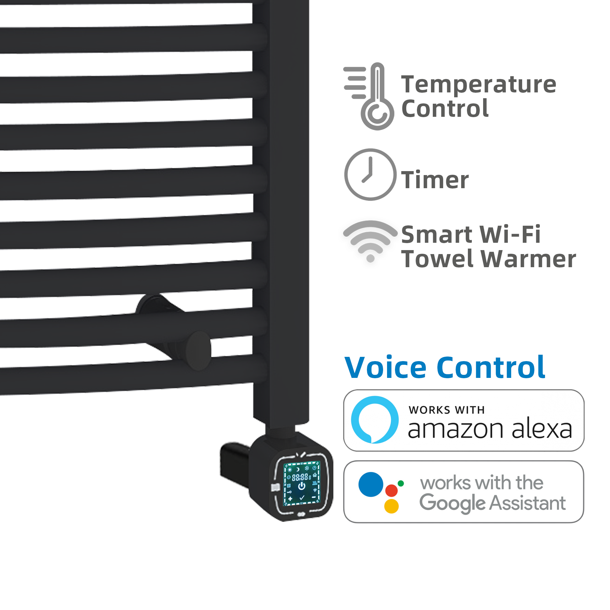 Towel Warmer Radiator 9 Curved Bars with Programmable Smart Control, 24"x16" Matte Black