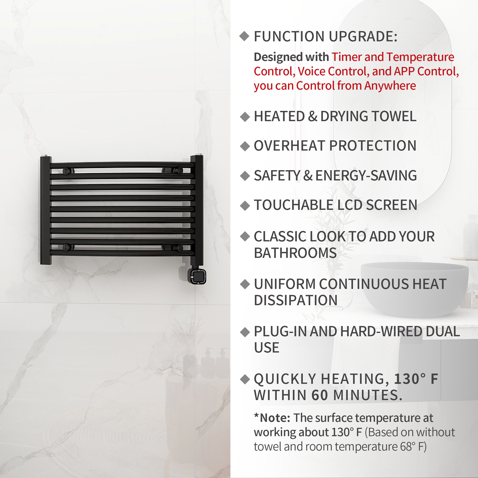 Towel Warmer Radiator 9 Curved Bars with Programmable Smart Control, 24"x16" Matte Black