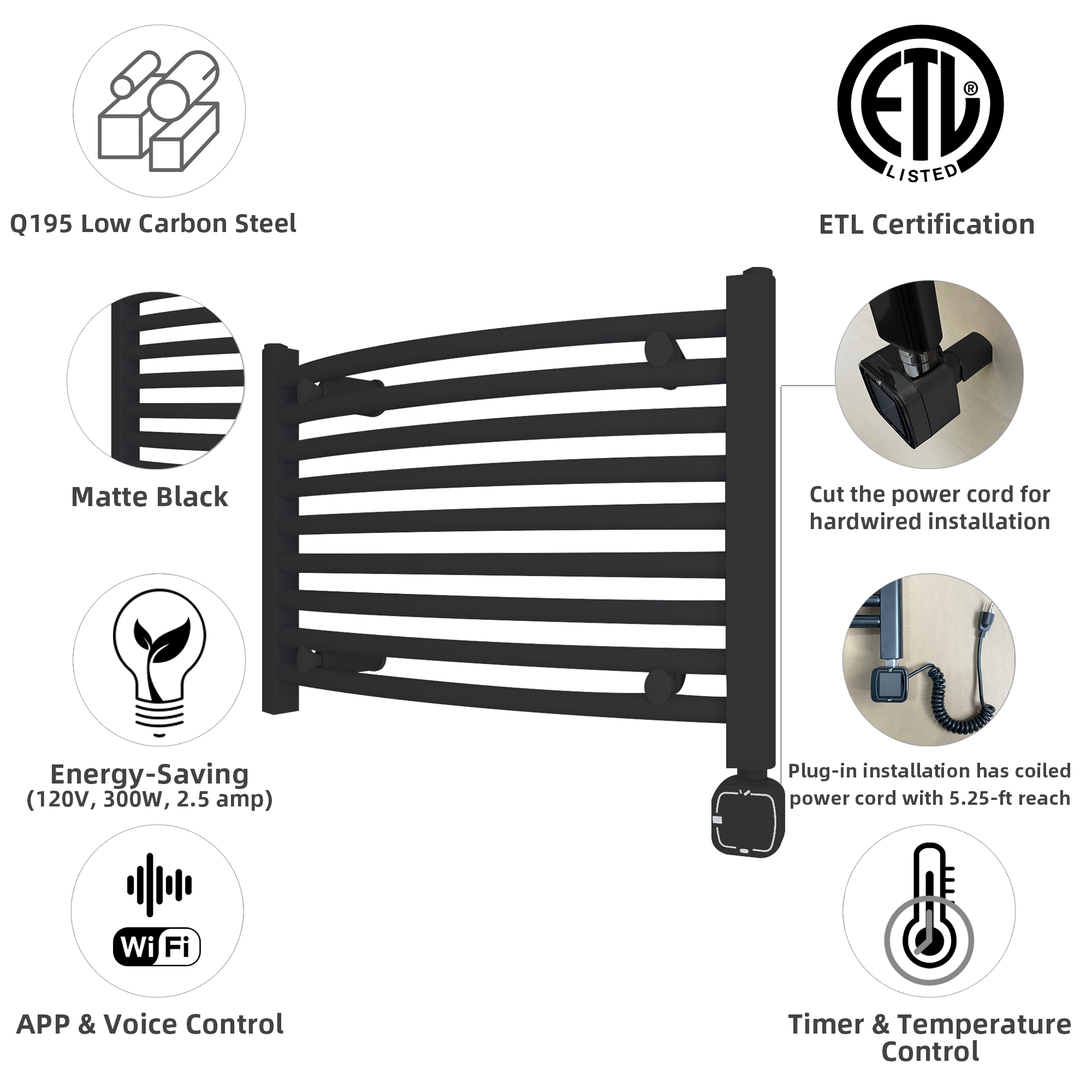 Towel Warmer Radiator 9 Curved Bars with Programmable Smart Control, 24"x16" Matte Black