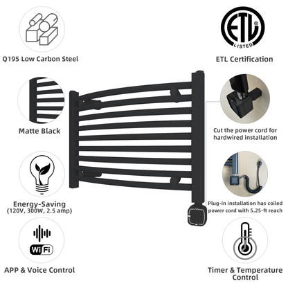 Towel Warmer Radiator 9 Curved Bars with Programmable Smart Control, 24"x16" Matte Black