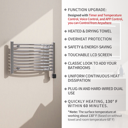 Towel Warmer Radiator 9 Curved Bars with Programmable Smart Control, 24"x16" Chrome