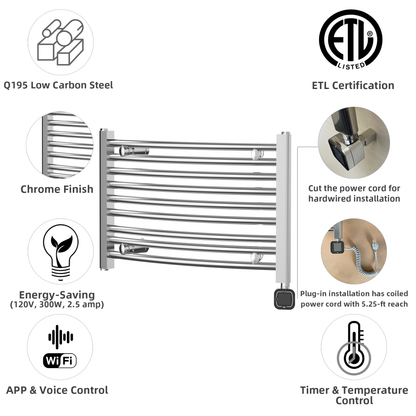 Towel Warmer Radiator 9 Curved Bars with Programmable Smart Control, 24"x16" Chrome