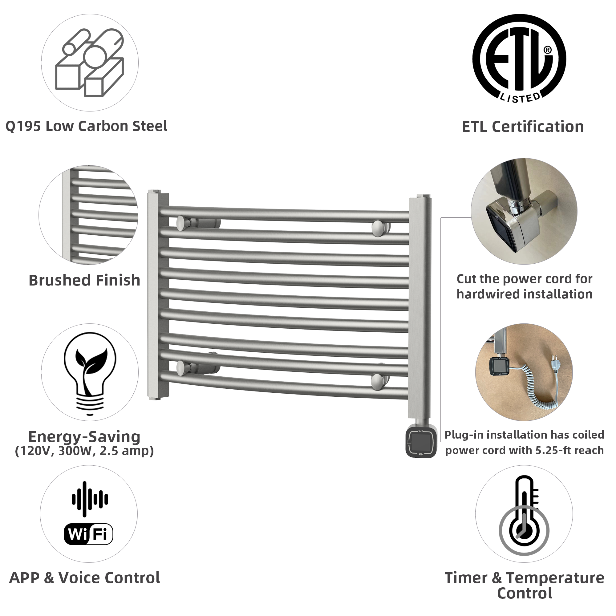 Towel Warmer Radiator 9 Curved Bars with Programmable Smart Control, 24"x16" Brushed Polish