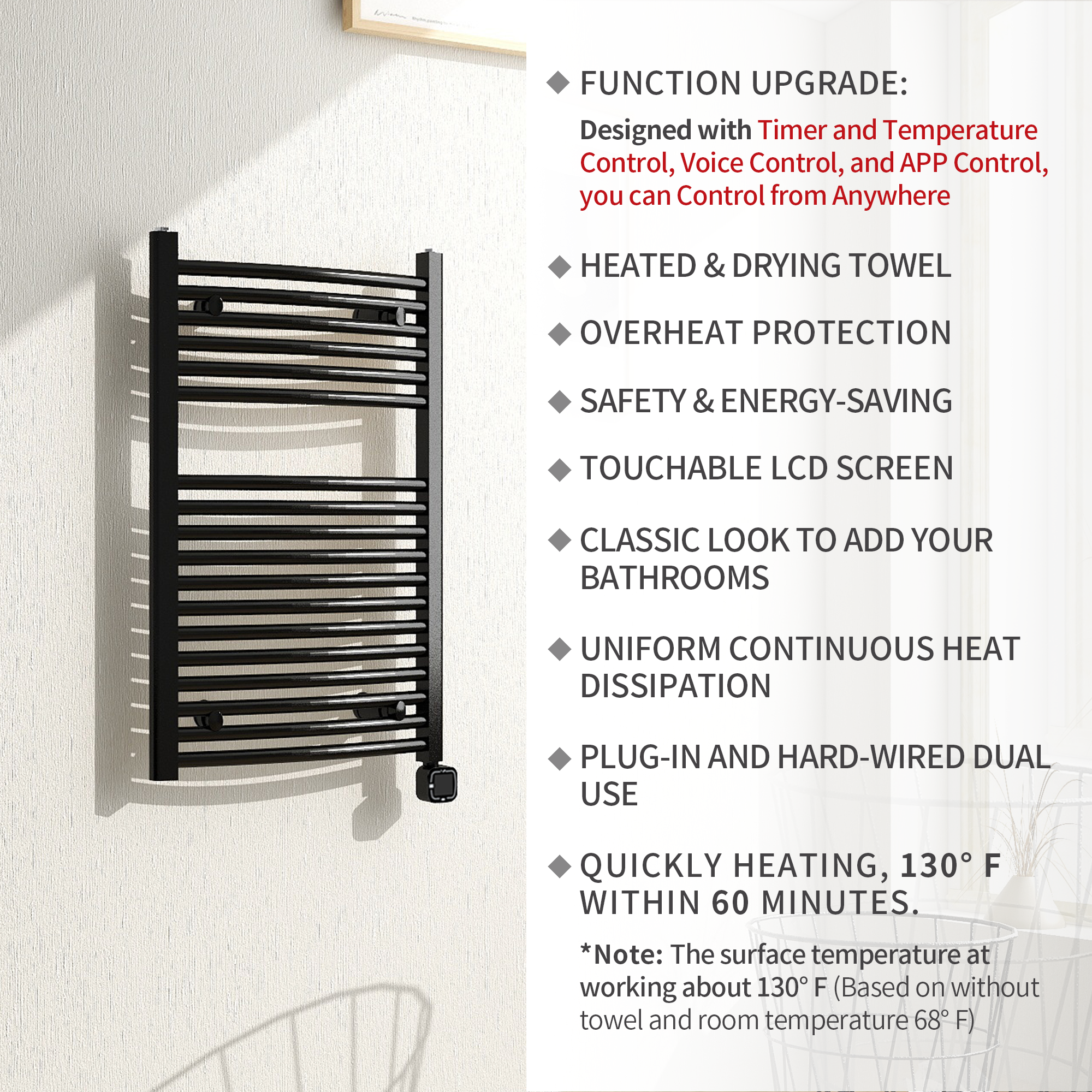 Towel Warmer Radiator 18 Curved Bars with Programmable Smart Control, 20"x32" Matte Black