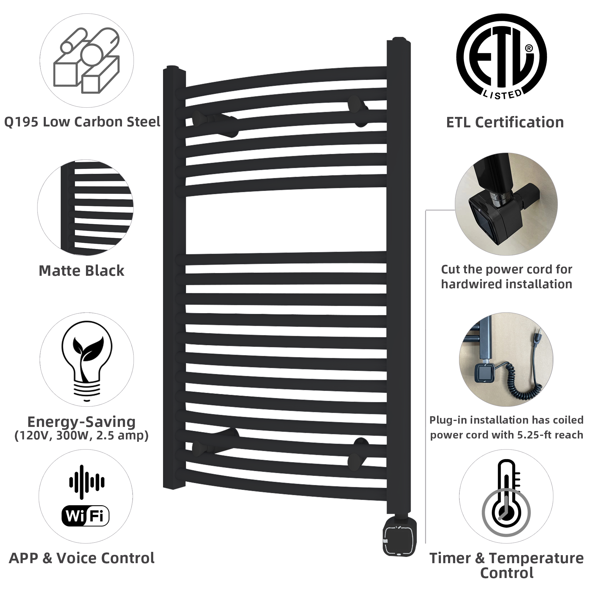 Towel Warmer Radiator 18 Curved Bars with Programmable Smart Control, 20"x32" Matte Black