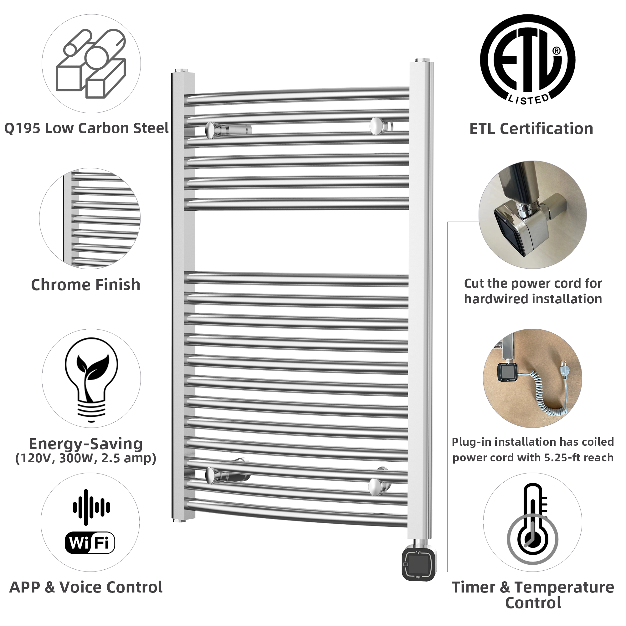 Towel Warmer Radiator 18 Curved Bars with Programmable Smart Control, 20"x32" Chrome