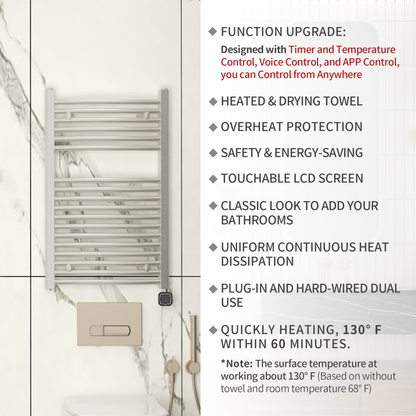 Towel Warmer Radiator 18 Curved Bars with Programmable Smart Control, 20"x32" Brushed Polish