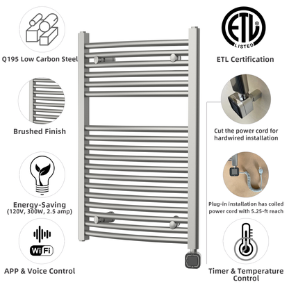 Towel Warmer Radiator 18 Curved Bars with Programmable Smart Control, 20"x32" Brushed Polish