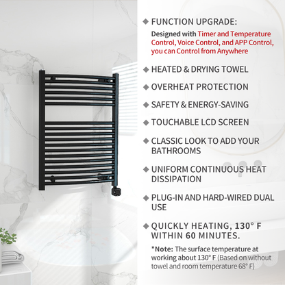 Towel Warmer Radiator 18 Curved Bars with Programmable Smart Control, 24"x32" Matte Black