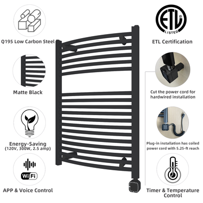 Towel Warmer Radiator 18 Curved Bars with Programmable Smart Control, 24"x32" Matte Black