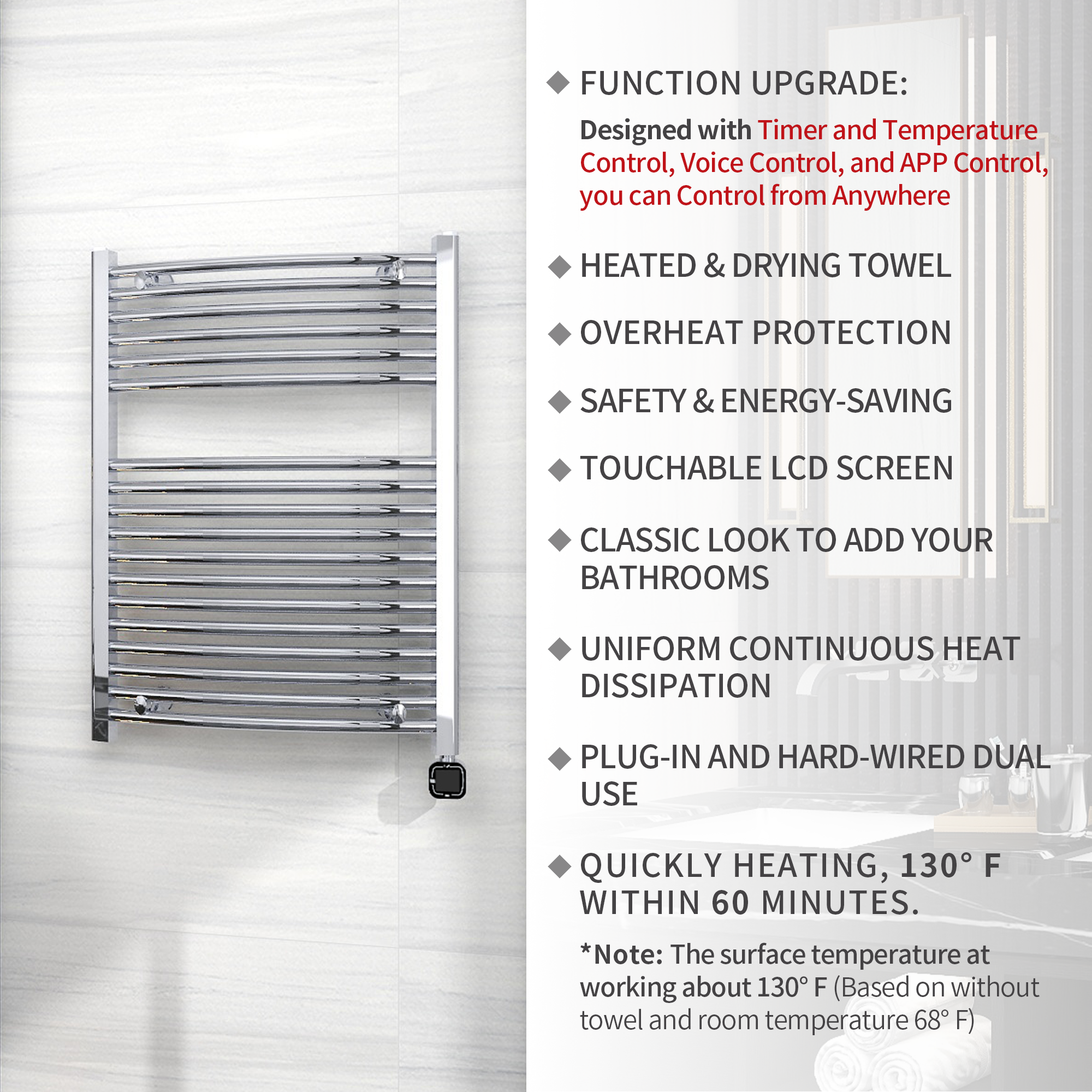 Towel Warmer Radiator 18 Curved Bars with Programmable Smart Control, 24"x32" Chrome