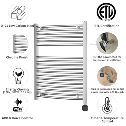 Towel Warmer Radiator 18 Curved Bars with Programmable Smart Control, 24"x32" Chrome