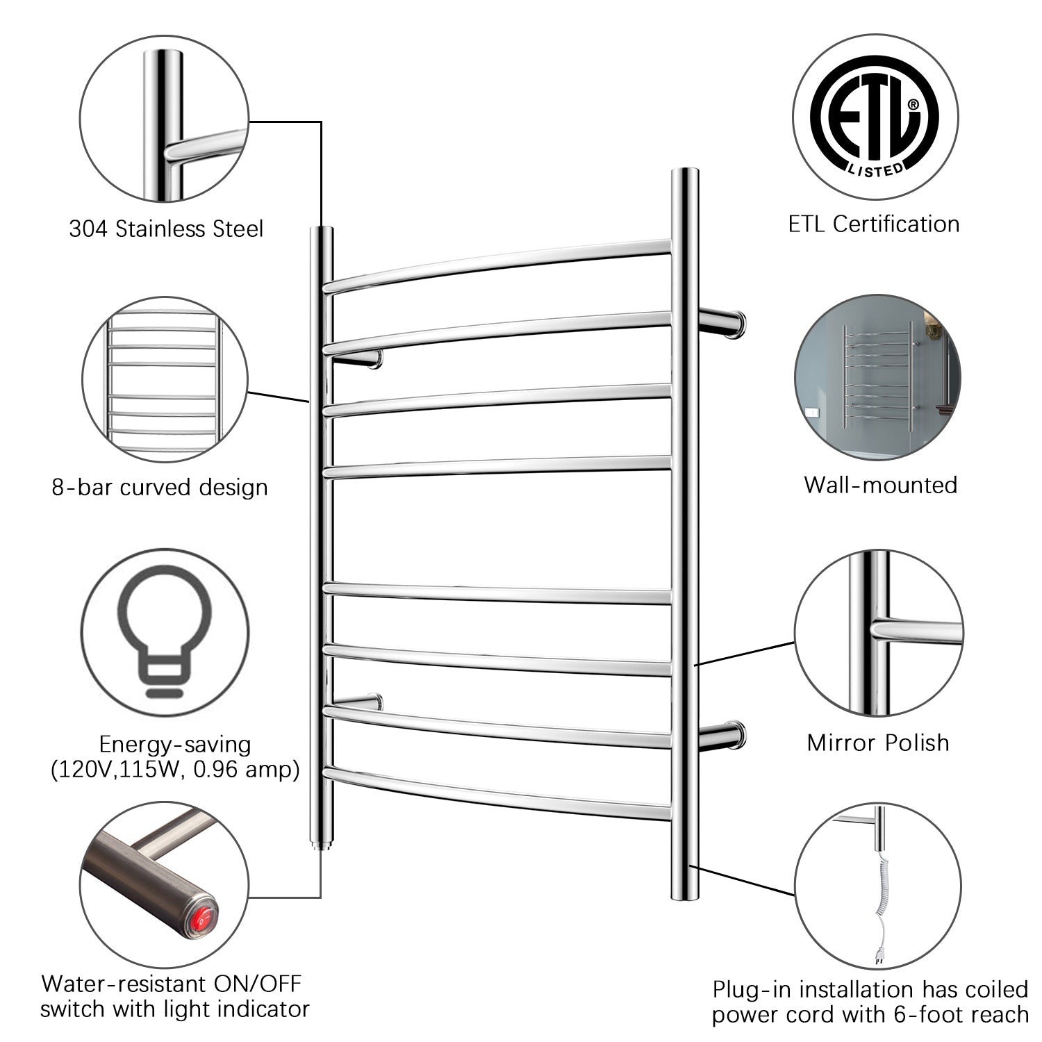 Towel Warmer 8 Curved Bar 24"x32" Plug-in, Wall-Mounted Mirror Polish