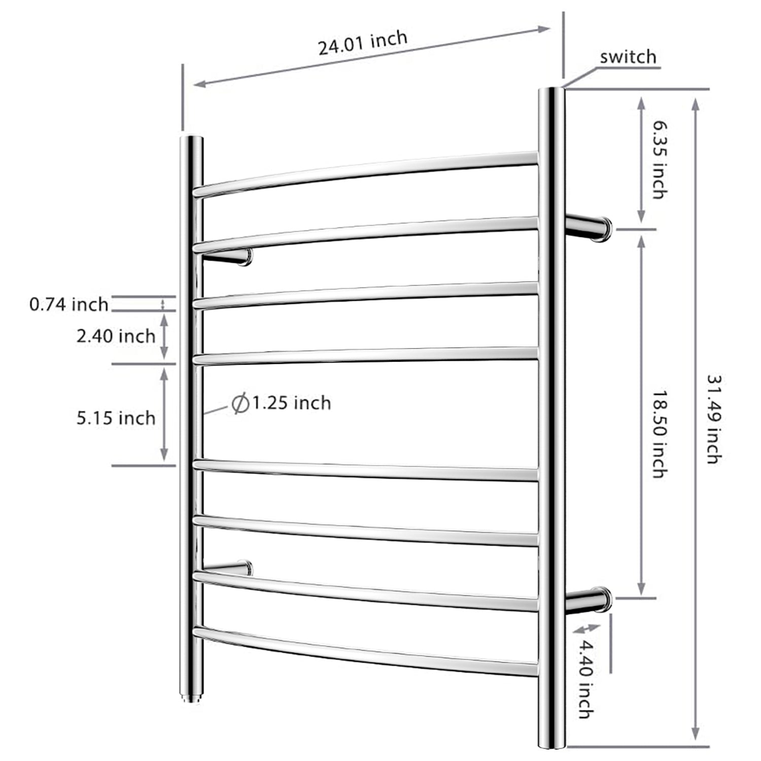 Towel Warmer 8 Curved Bar 24"x32" Plug-in, Wall-Mounted Mirror Polish