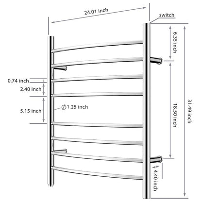 Towel Warmer 8 Curved Bar 24"x32" Plug-in, Wall-Mounted Mirror Polish