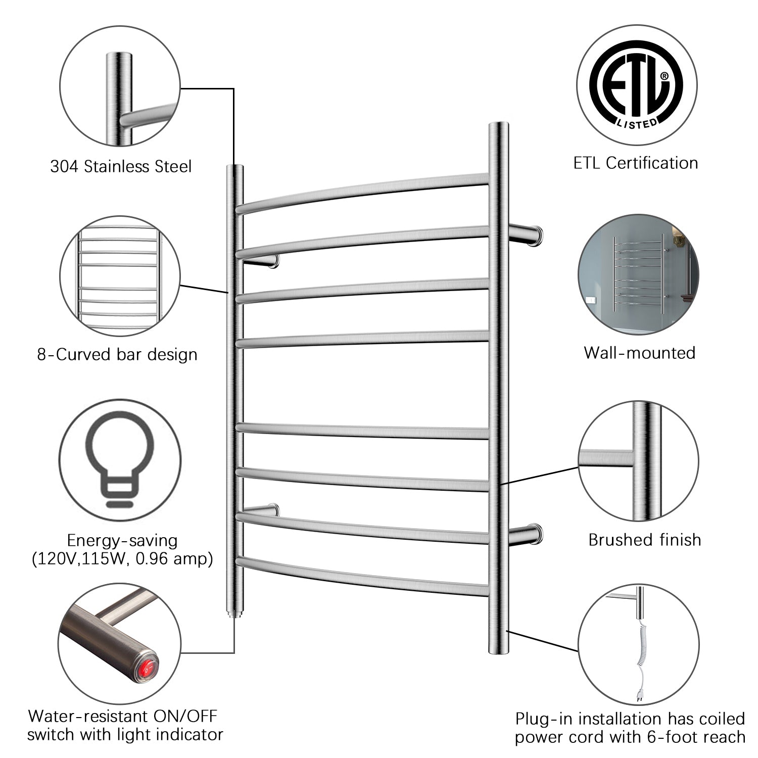 Towel Warmer 8 Curved Bar 24"x32" Plug-in, Wall-Mounted Brushed Polish