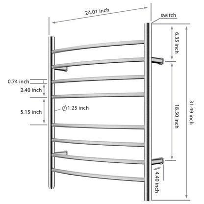 Towel Warmer 8 Curved Bar 24"x32" Plug-in, Wall-Mounted Brushed Polish