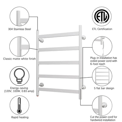 Towel Warmer 5 Flat Bar 24"x32" Wall-Mounted, Hardwired/Plug-In Gloss White