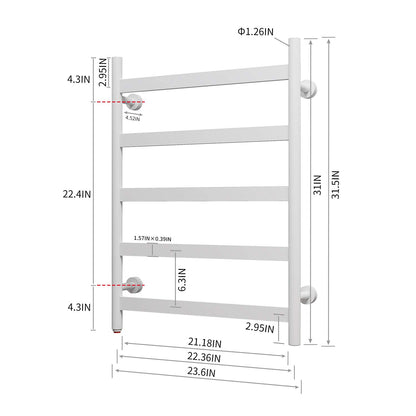 Towel Warmer 5 Flat Bar 24"x32" Wall-Mounted, Hardwired/Plug-In Gloss White