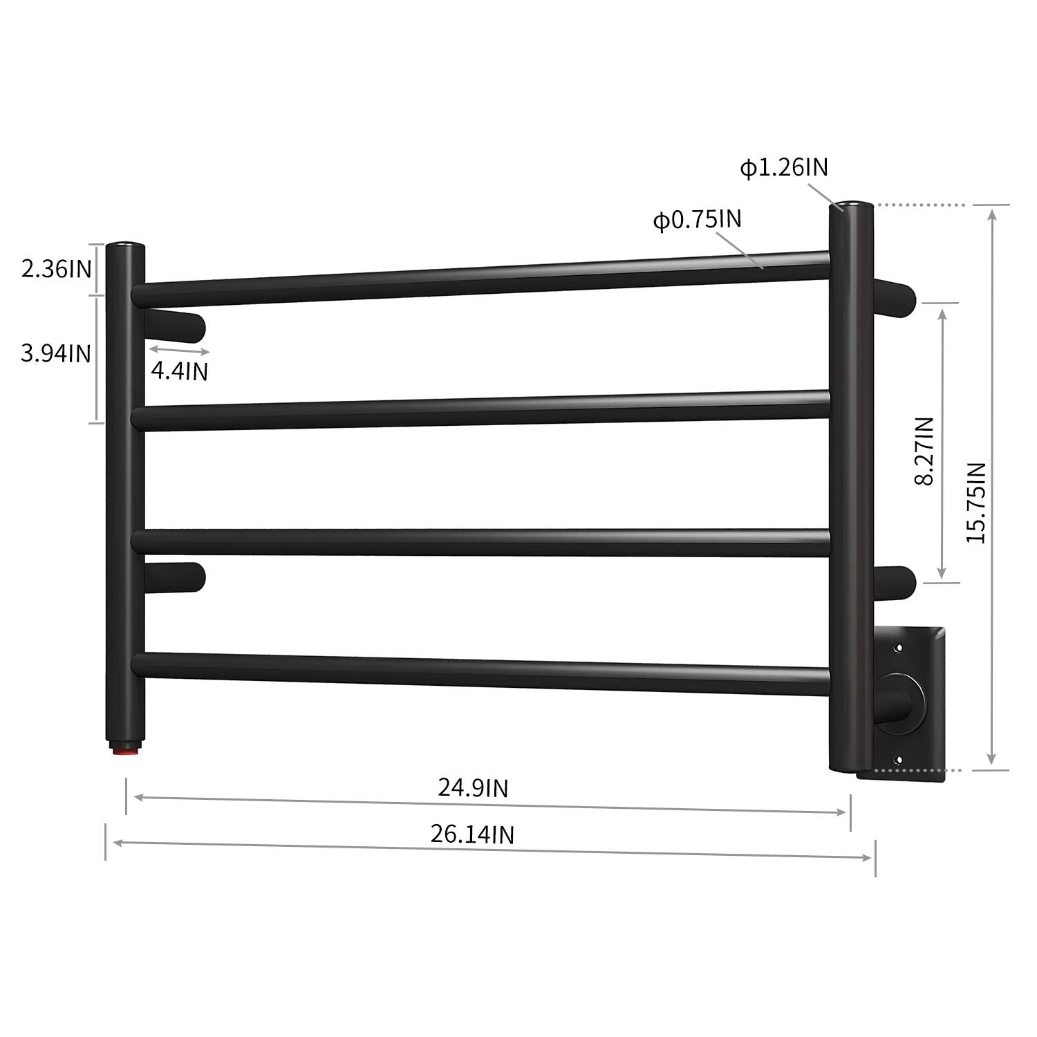 Towel Warmer 4 Straight Bar 26.14"x15.75" Wall-Mounted Plug-In, Hardwired Matte Black