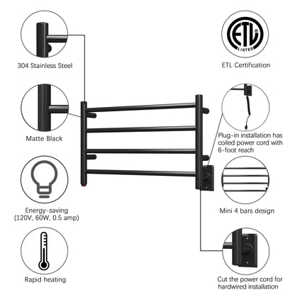 Towel Warmer 4 Straight Bar 26.14"x15.75" Wall-Mounted Plug-In, Hardwired Matte Black