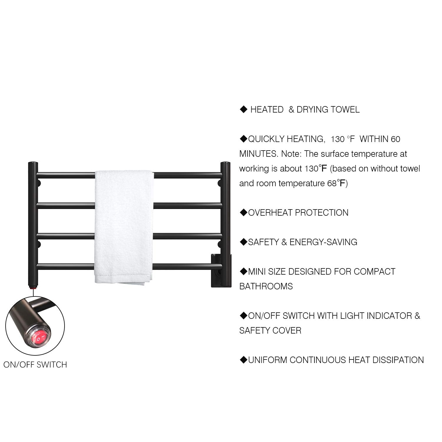 Towel Warmer 4 Straight Bar 26.14"x15.75" Wall-Mounted Plug-In, Hardwired Matte Black