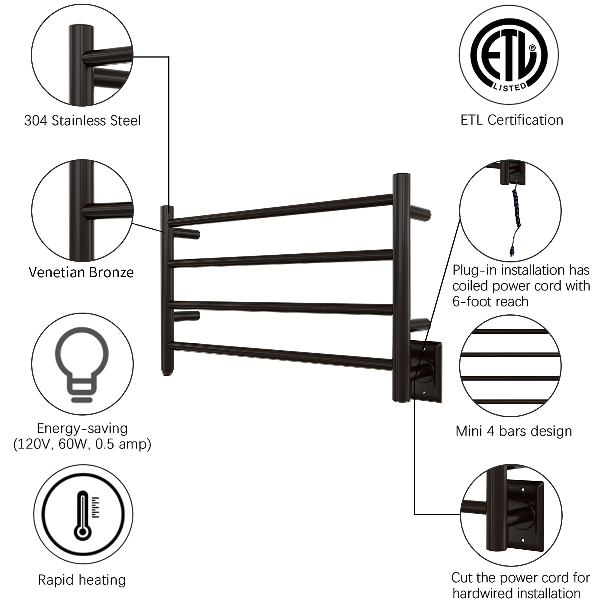 Towel Warmer 4 Straight Bar 26"x16" Wall-Mounted Plug-In, Hardwired Venetian Bronze